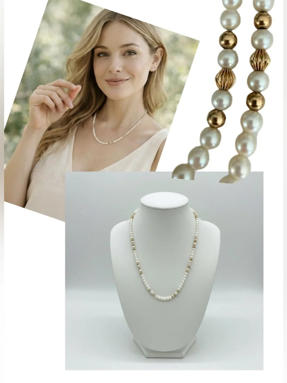 Classic Pearl necklace w/ Gold Beads - Picture 4 of 16